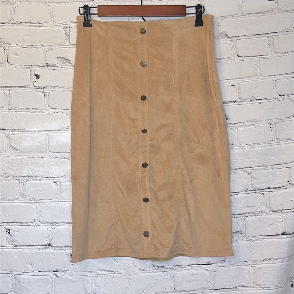 Faith & Joy Tan Faux Suede Front Button Accent Midi Skirt Size Small